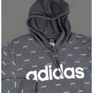 Adidas Hoodie‎ Mens L Black AOP Spell Out Pullover Hooded Sweatshirt EUC